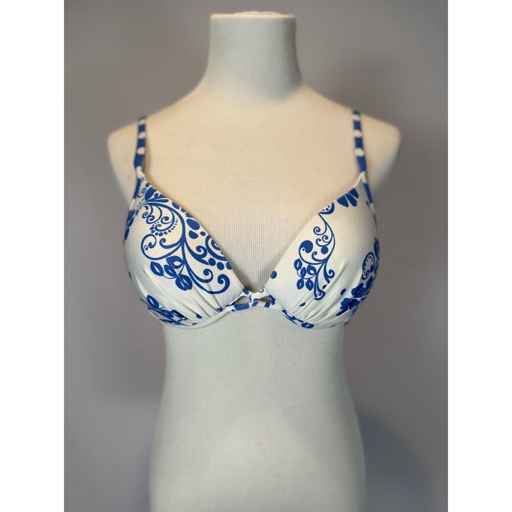 Athena Bikini Top Blue White Scroll‎ Floral Underwire Size 10 Made in the USA